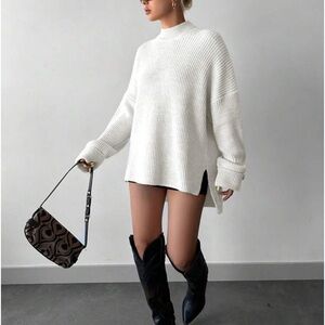 Cozy Mock High Neck Long Sleeve Slit Hi Low Hem Knit Sweater